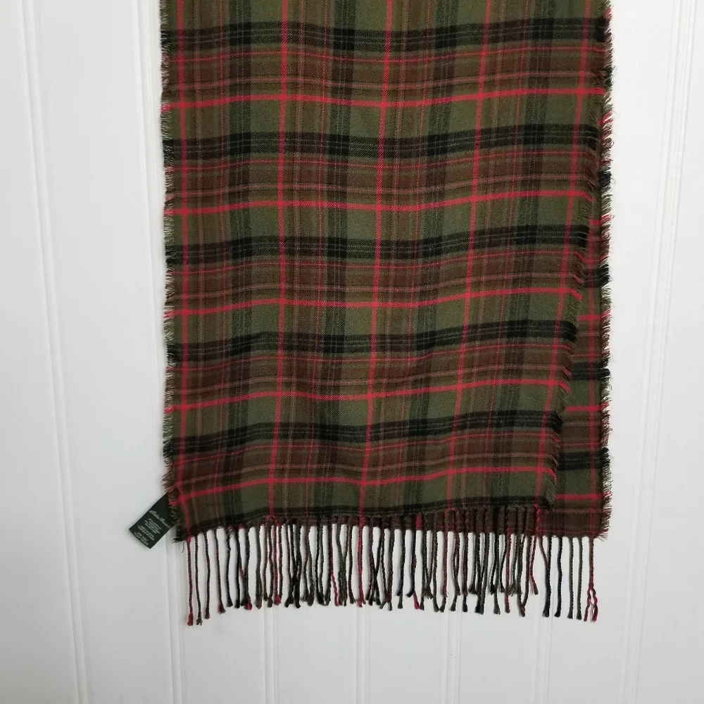 Eddie Bauer Red Green Plaid Flannel Scarf Fringe Winter Cozy Classic